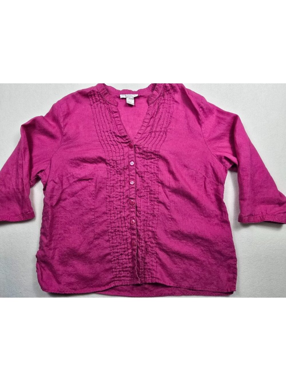 Sarah Spencer Womens 1X Magenta Button-Down Pintuck Blouse 3/4 Sleeve 100% Linen